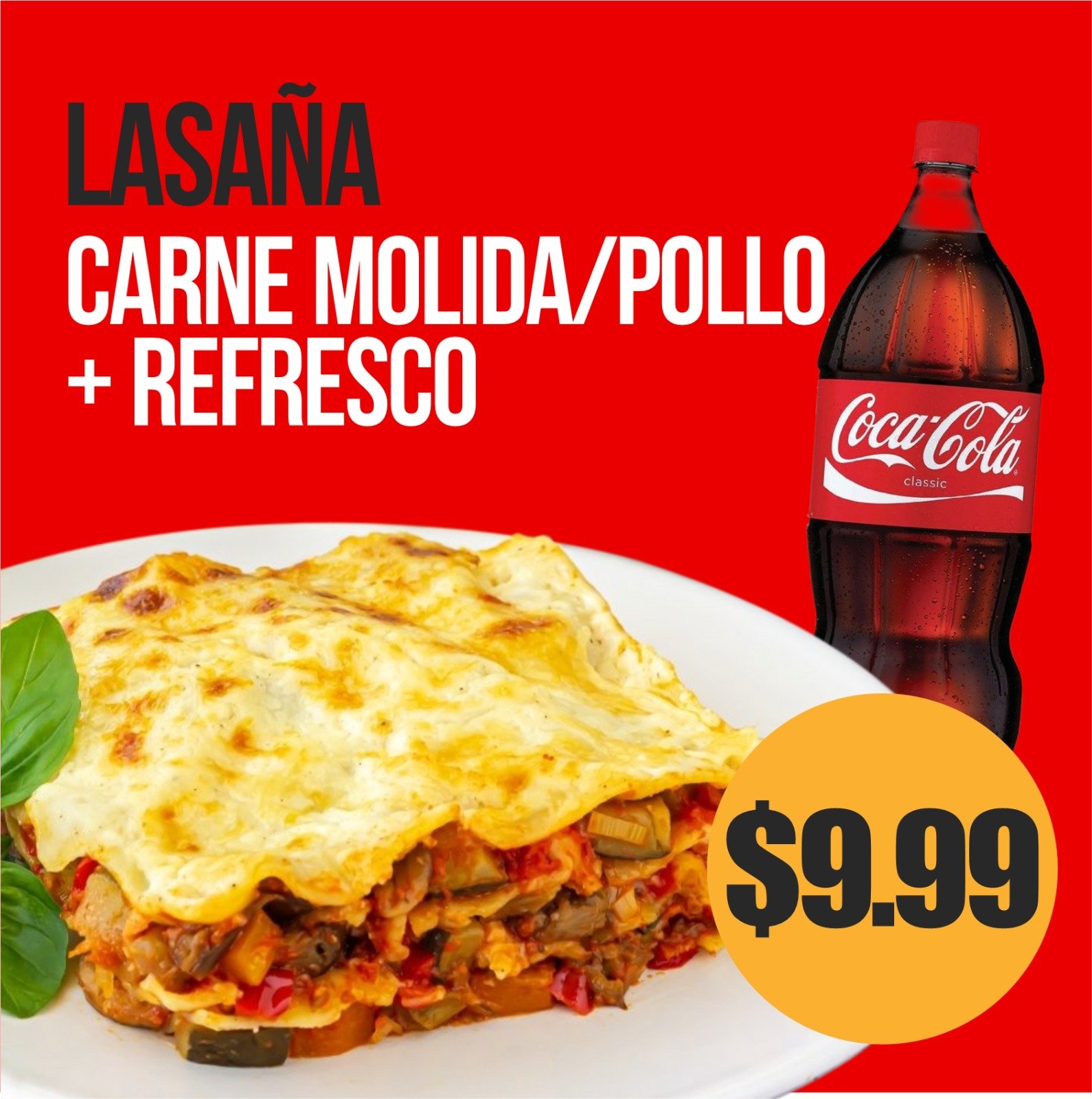 Lasaña Carne/Molida/Pollo + Refresco