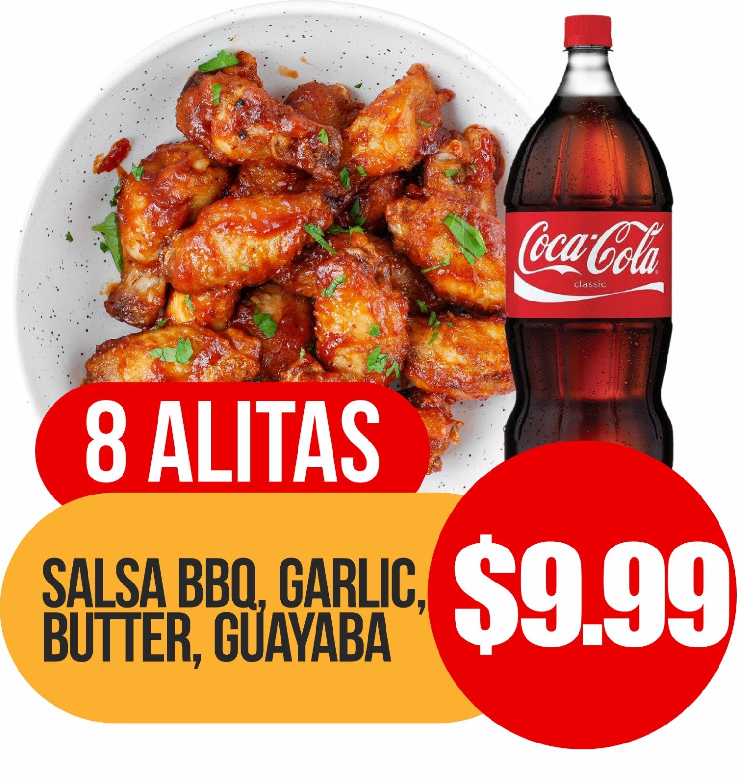 8 Alitas Salsa BBQ, Garlic, Butter, Guayaba